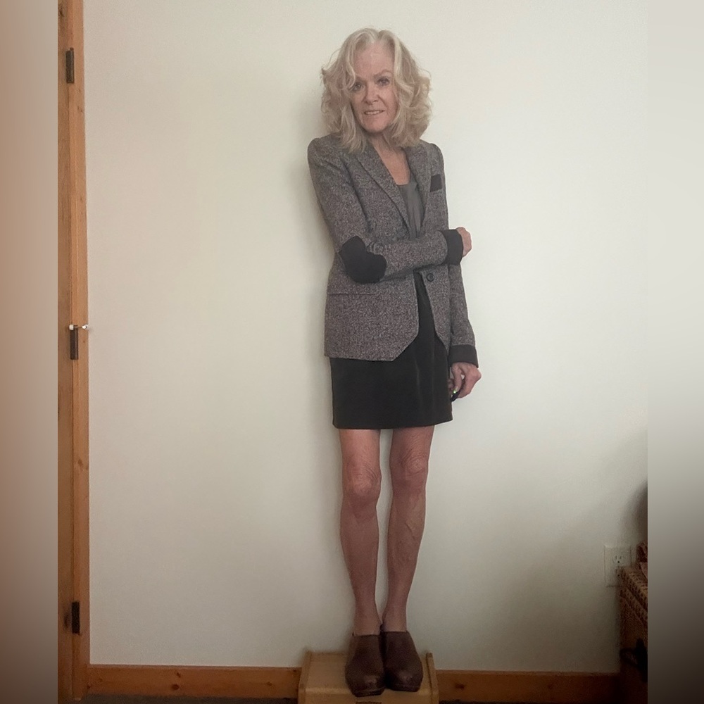 Chocolate Brown Tweed Wool Blazer with Darker Brown Elbows and Pockets.